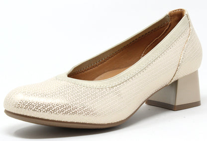 A gold metallic pump with a round toe and low block heel.