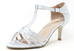 A silver satin heel with diamante details and an open toe. It includes an adjustable ankle strap and a slim heel.
