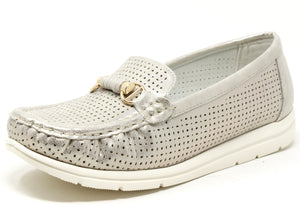 A silver laser cut loafer with a lightweight sole and squared toe, displayed on a white background.