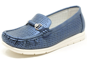 A blue laser cut loafer with a lightweight sole and squared toe, displayed on a white background.