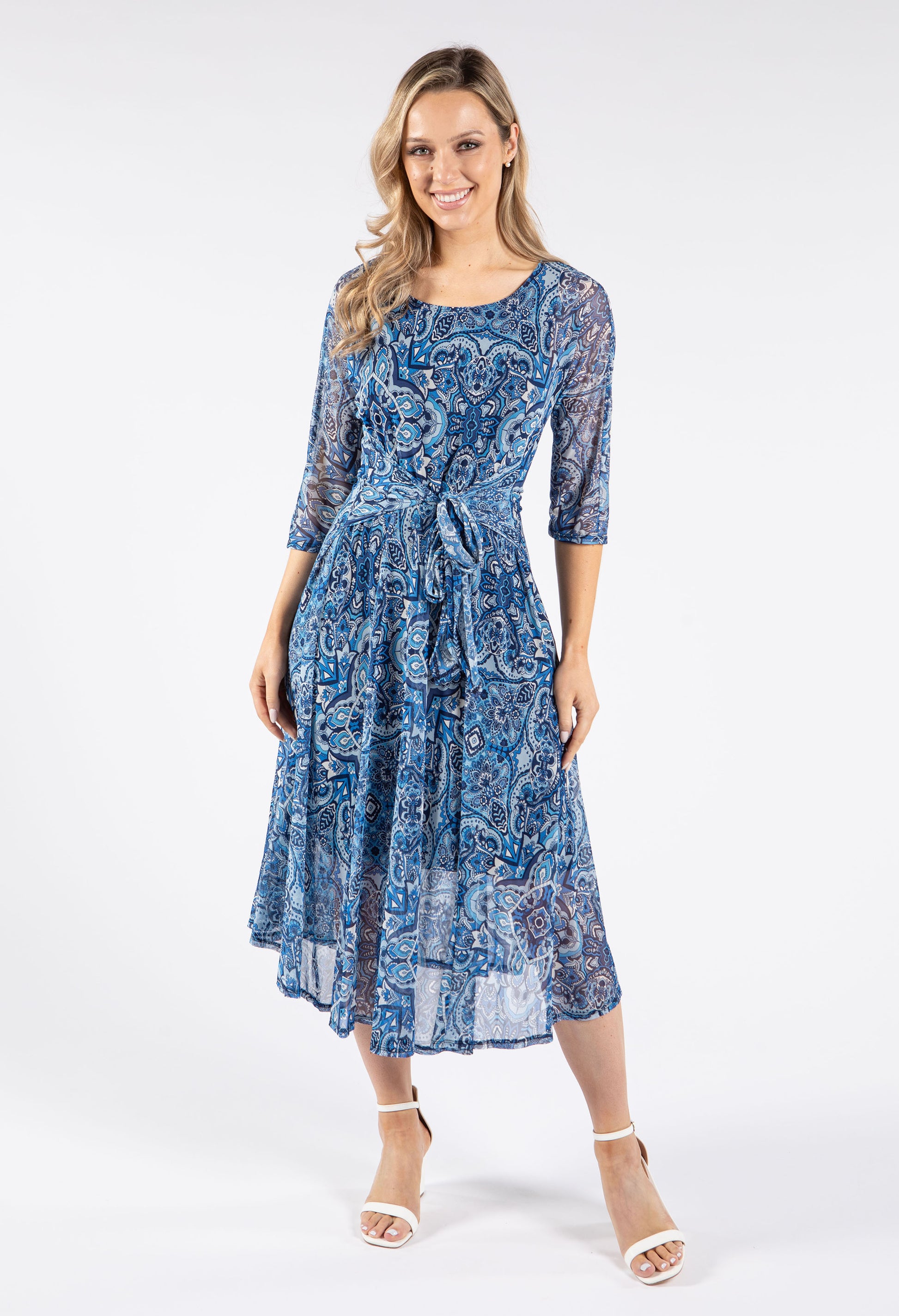 Pamela Scott Mesh Midi Tie Waist Dress