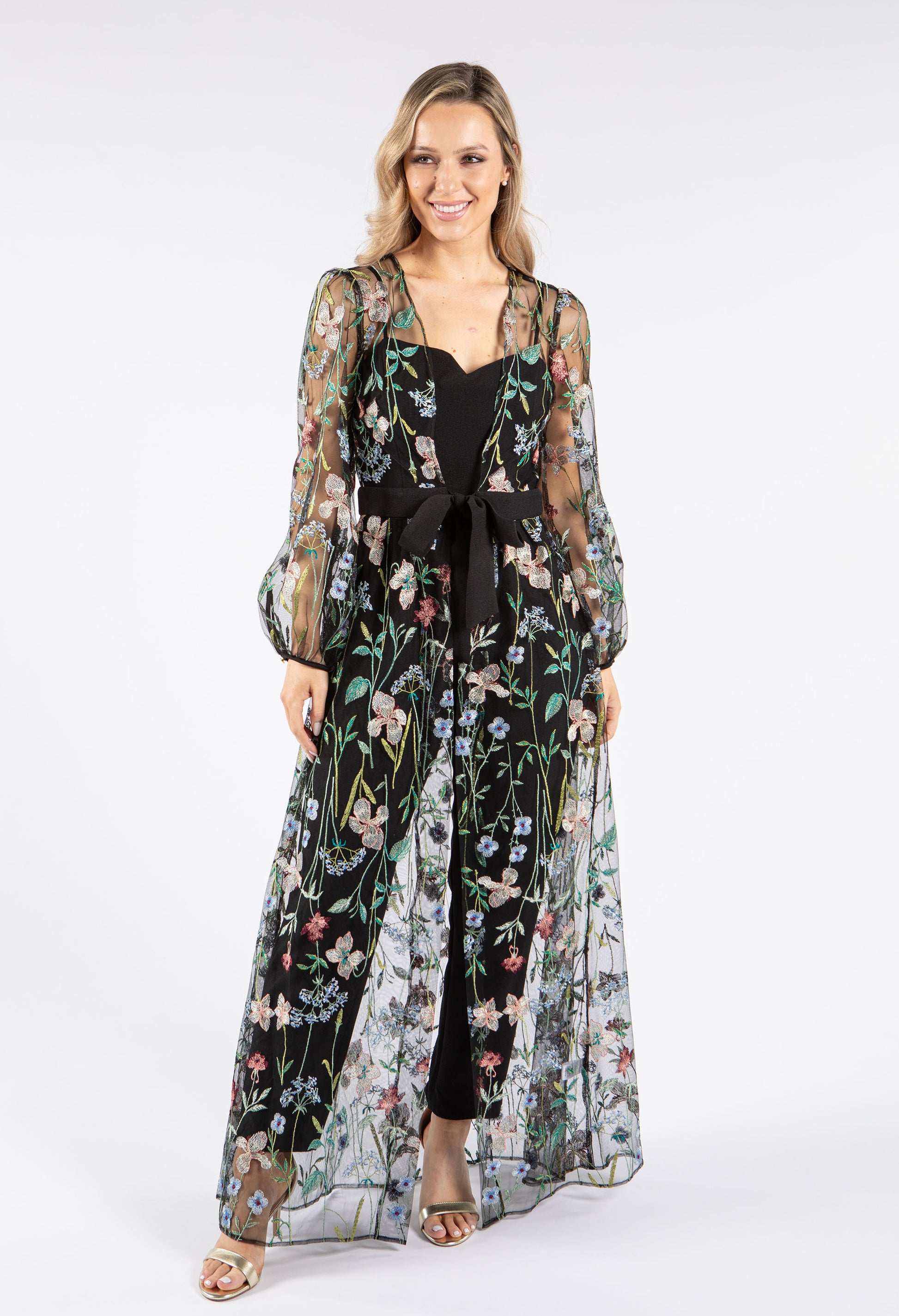Pamela Scott Floral Embroidered Overlay Jumpsuit