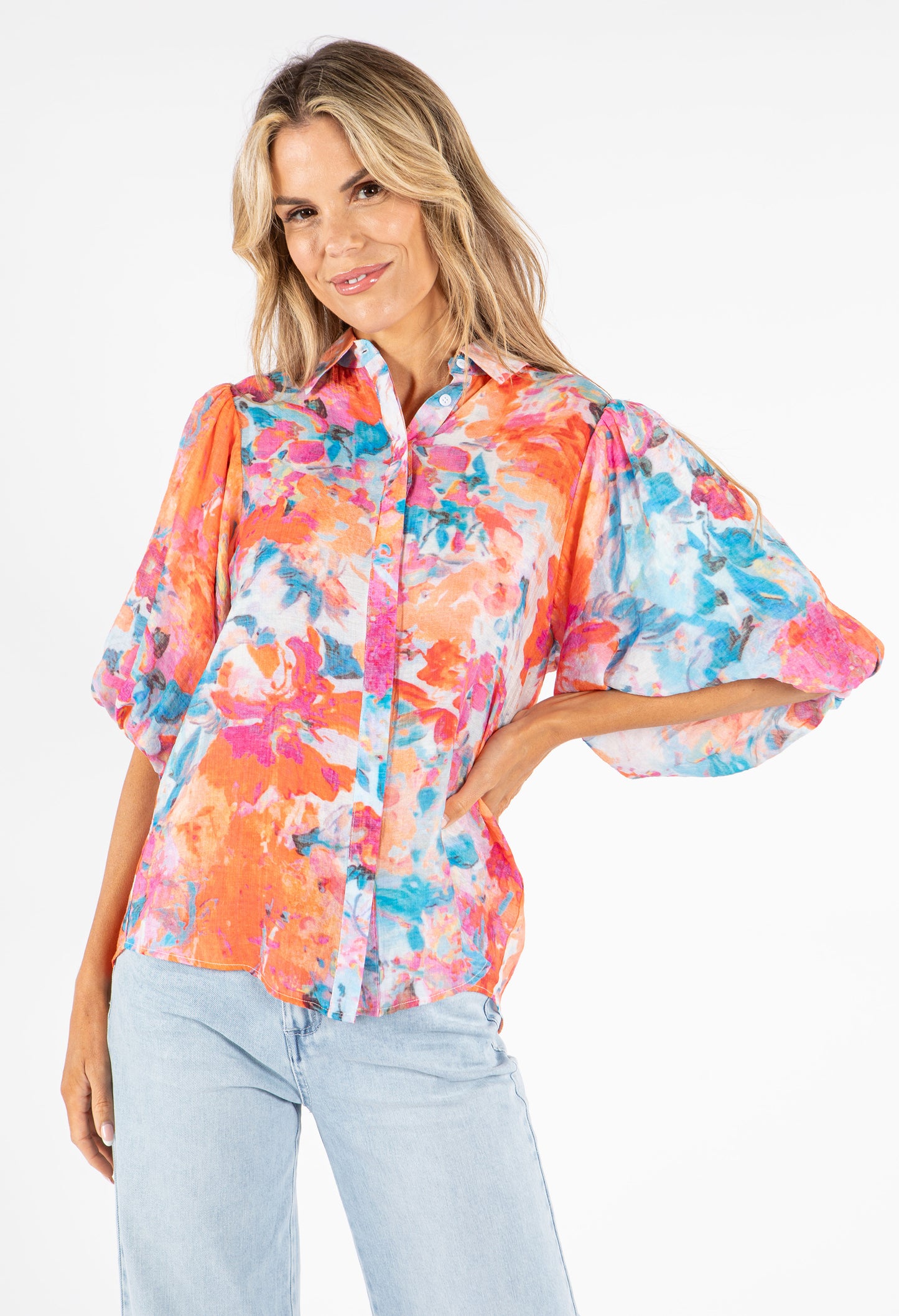 Printed Balloon Sleeve Blouse