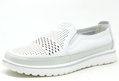 A white laser cut loafer with metallic details and a lightweight sole.