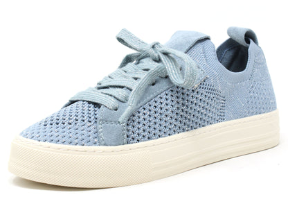 A pair of blue lace-up sneakers with faux suede trims and a platform sole.
