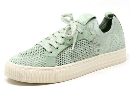 A pair of green lace-up sneakers with faux suede trims and a platform sole.
