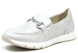 A silver loafer with buckle detail and a comfortable sole.