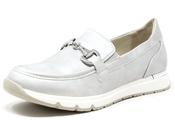 A silver loafer with buckle detail and a comfortable sole.