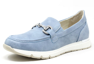 A blue loafer with buckle detail and a comfortable sole.