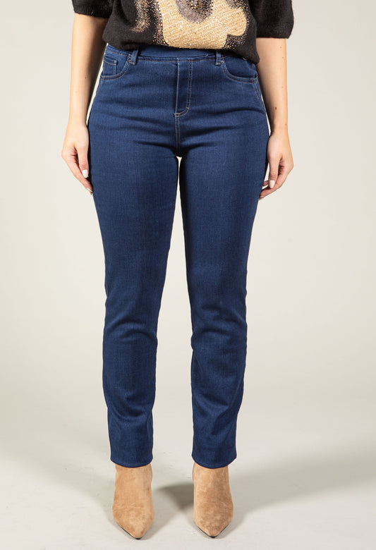 woman wearing a stone wash denim pull on trouser