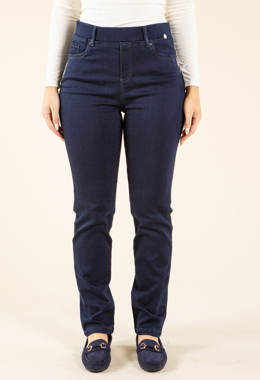 woman wearing a stone wash denim pull on trouser