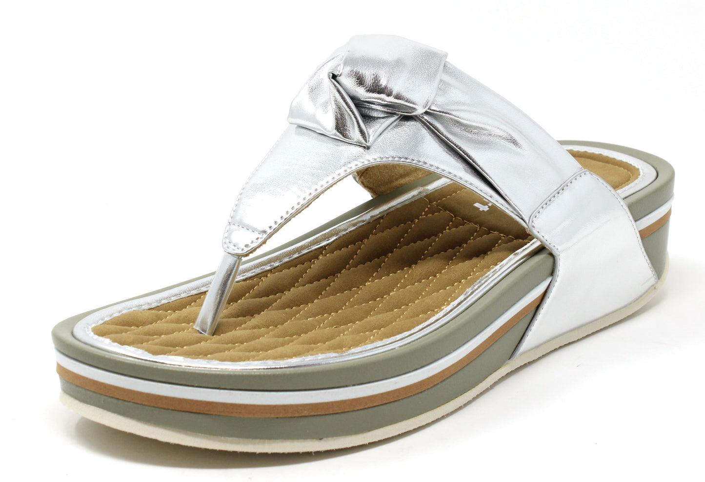 A silver coloured sandal with a thong style strap and a flat sole.