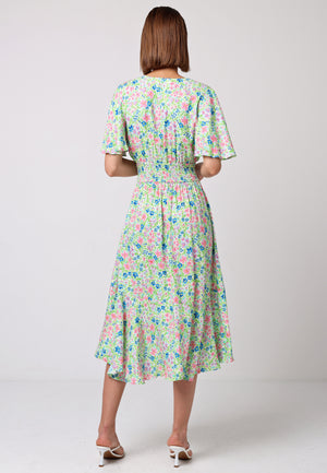 Shirred Waist Wrap Top Flutter Sleeve Midi Dress