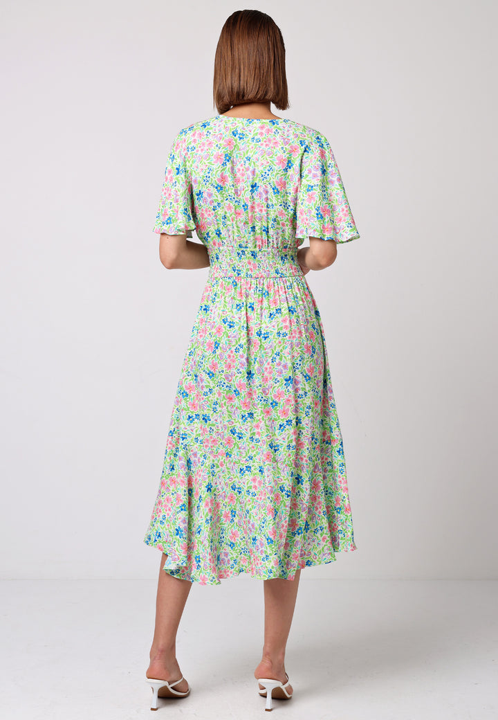 Shirred Waist Wrap Top Flutter Sleeve Midi Dress