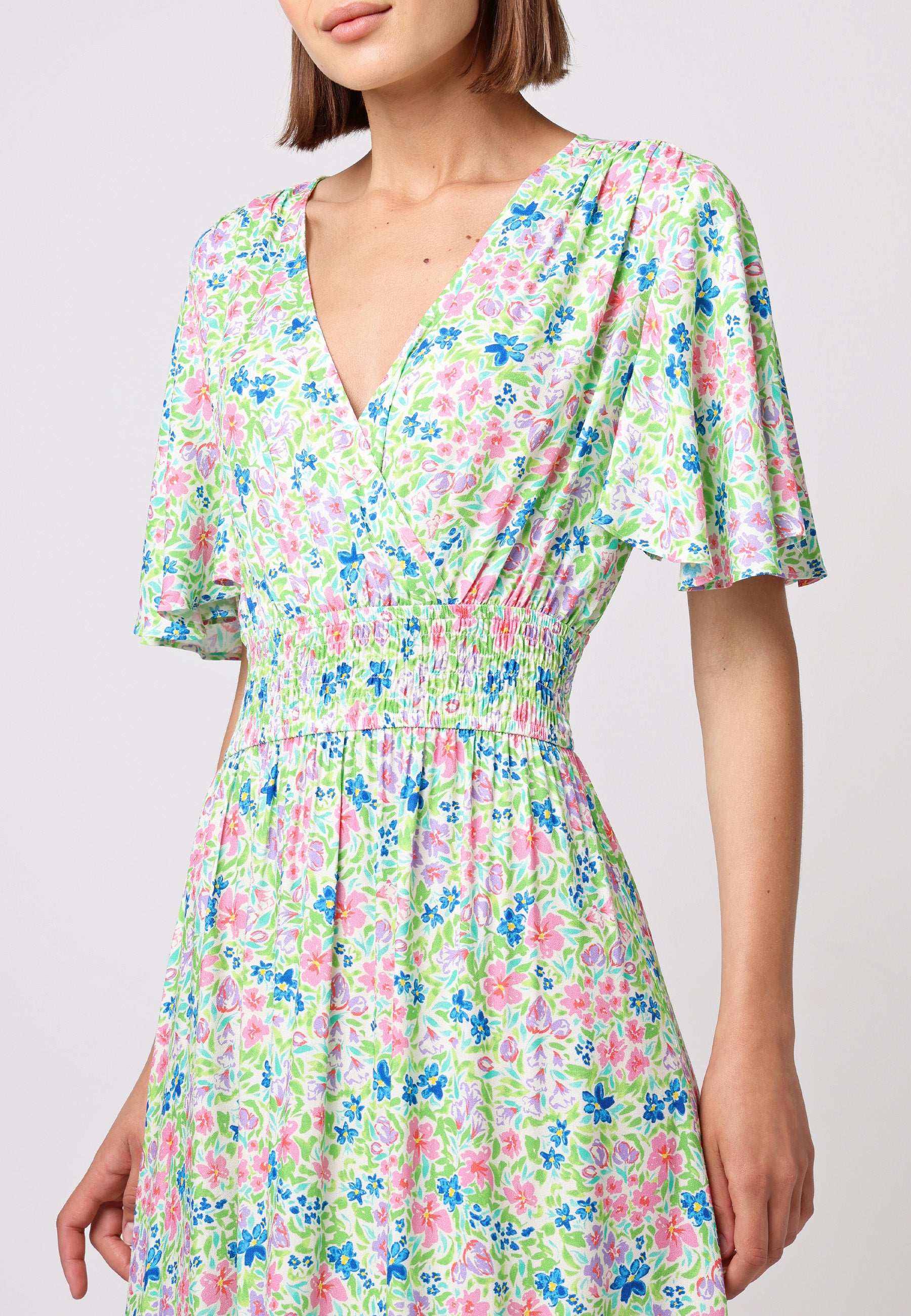 Shirred Waist Wrap Top Flutter Sleeve Midi Dress Shirred Waist Wrap Top Flutter Sleeve Midi Dress