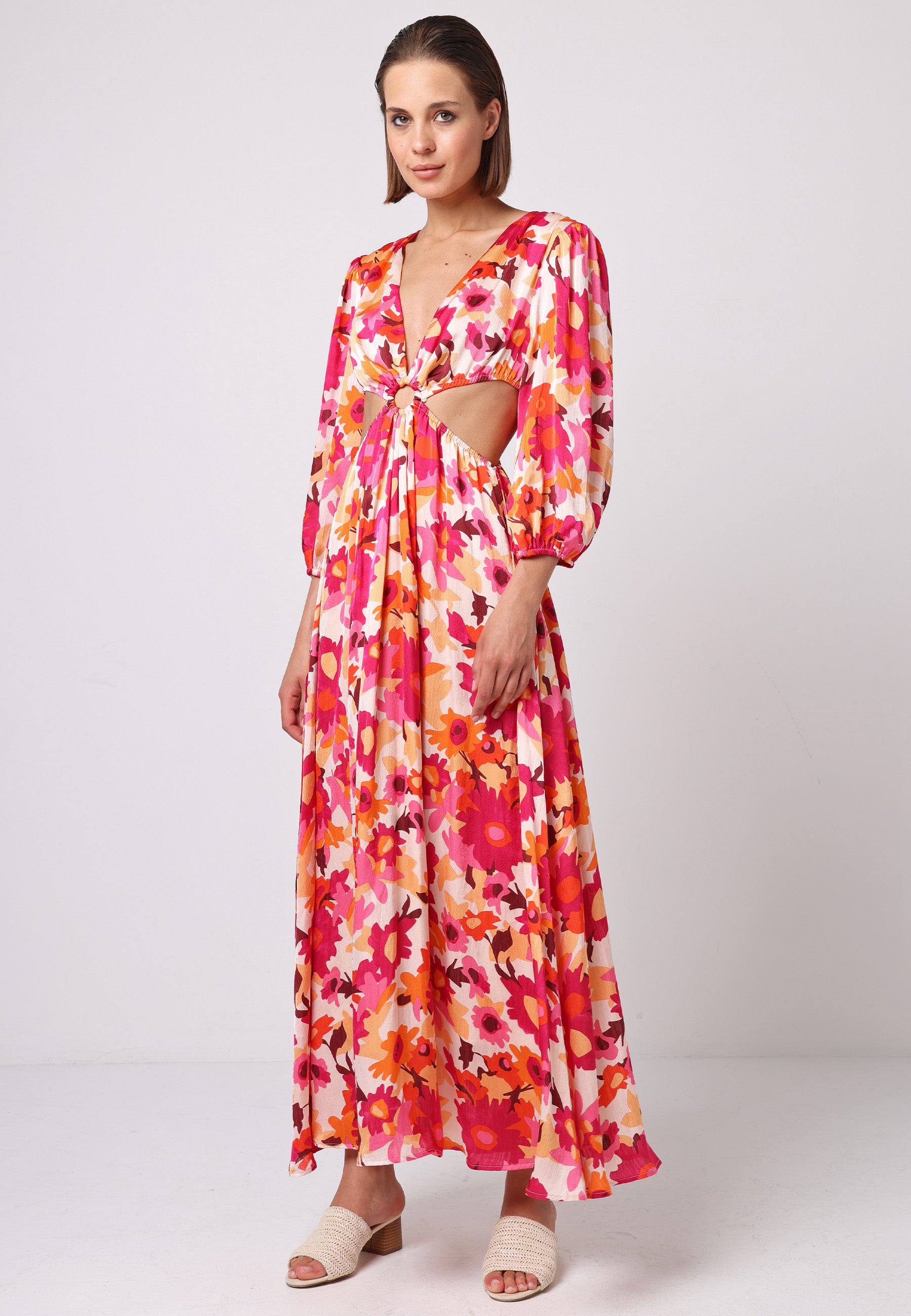long sleeve maxi dress cut out Long Sleeves High Neckline Cut-Out Details Maxi Dress