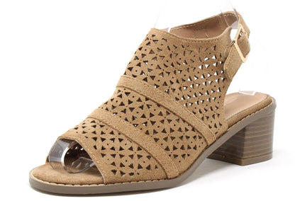 Tan sandal with cut-out design on a white background
