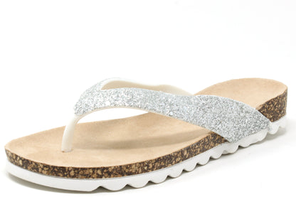 Flip-flop sandal with glittery strap on a white background