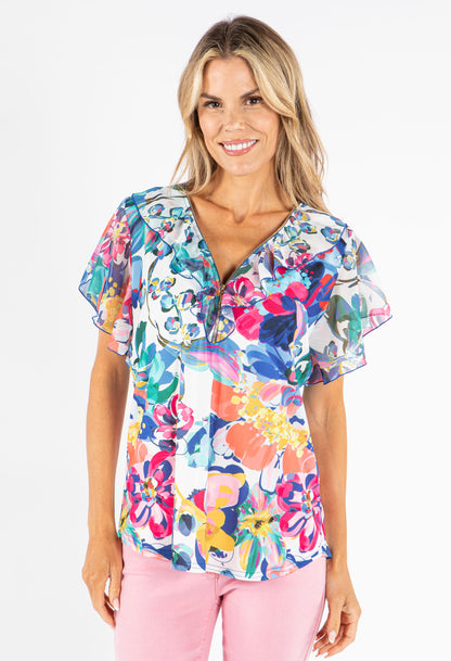 Zip-Up Floral Print Blouse