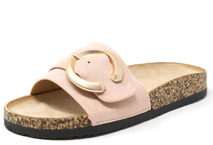 Pink sandal with a gold buckle on a white background