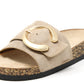 Beige sandal with a gold buckle on a white background