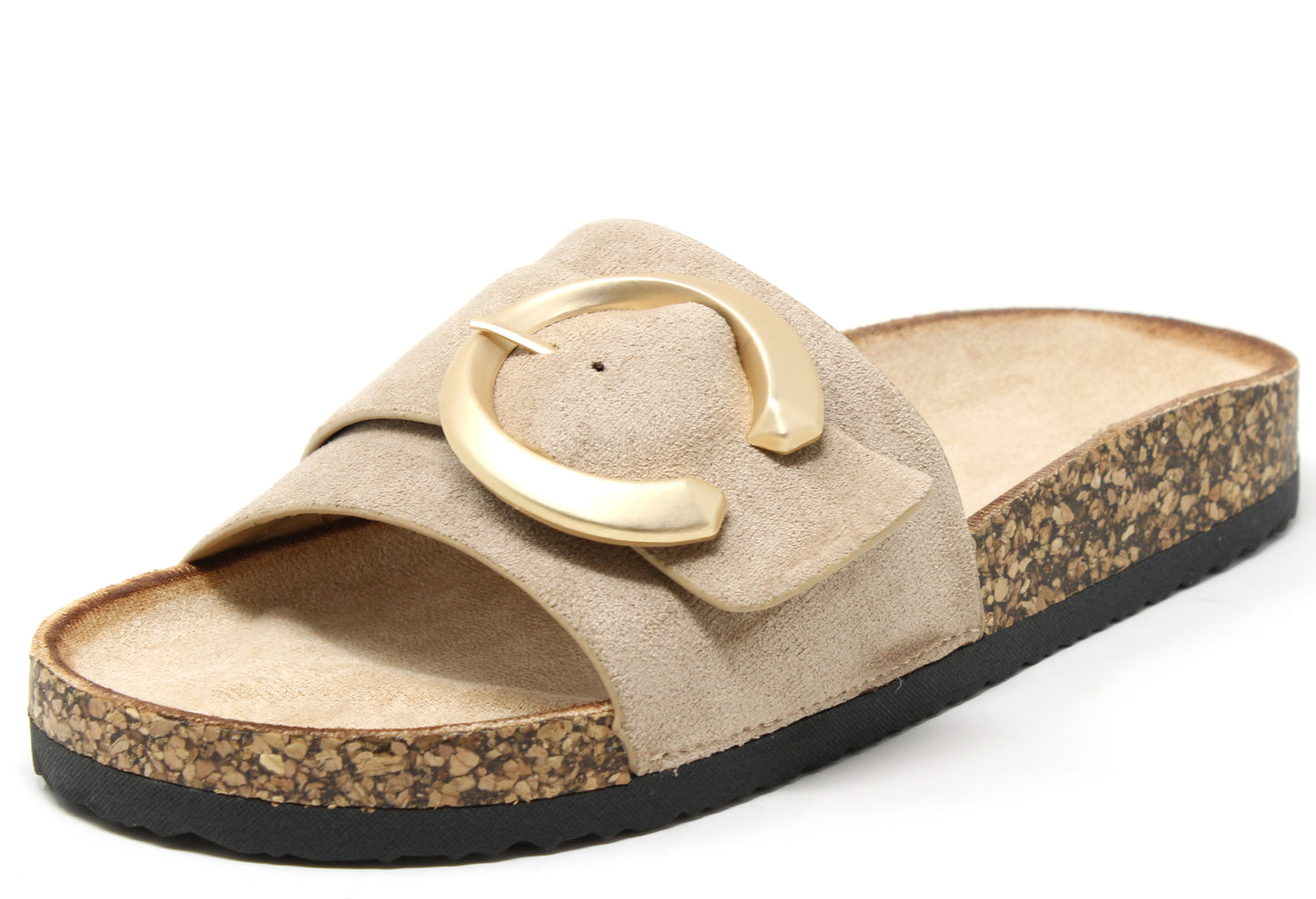 Beige sandal with a gold buckle on a white background