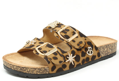 Leopard print sandal with gold buckles on a white background
