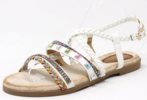 White sandal with colorful straps on a white background
