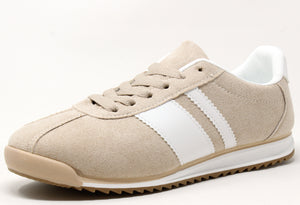 Beige sneaker with white stripes on a light gray background