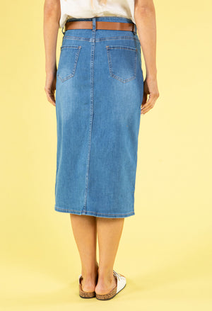 Belted Denim Midi Skirt