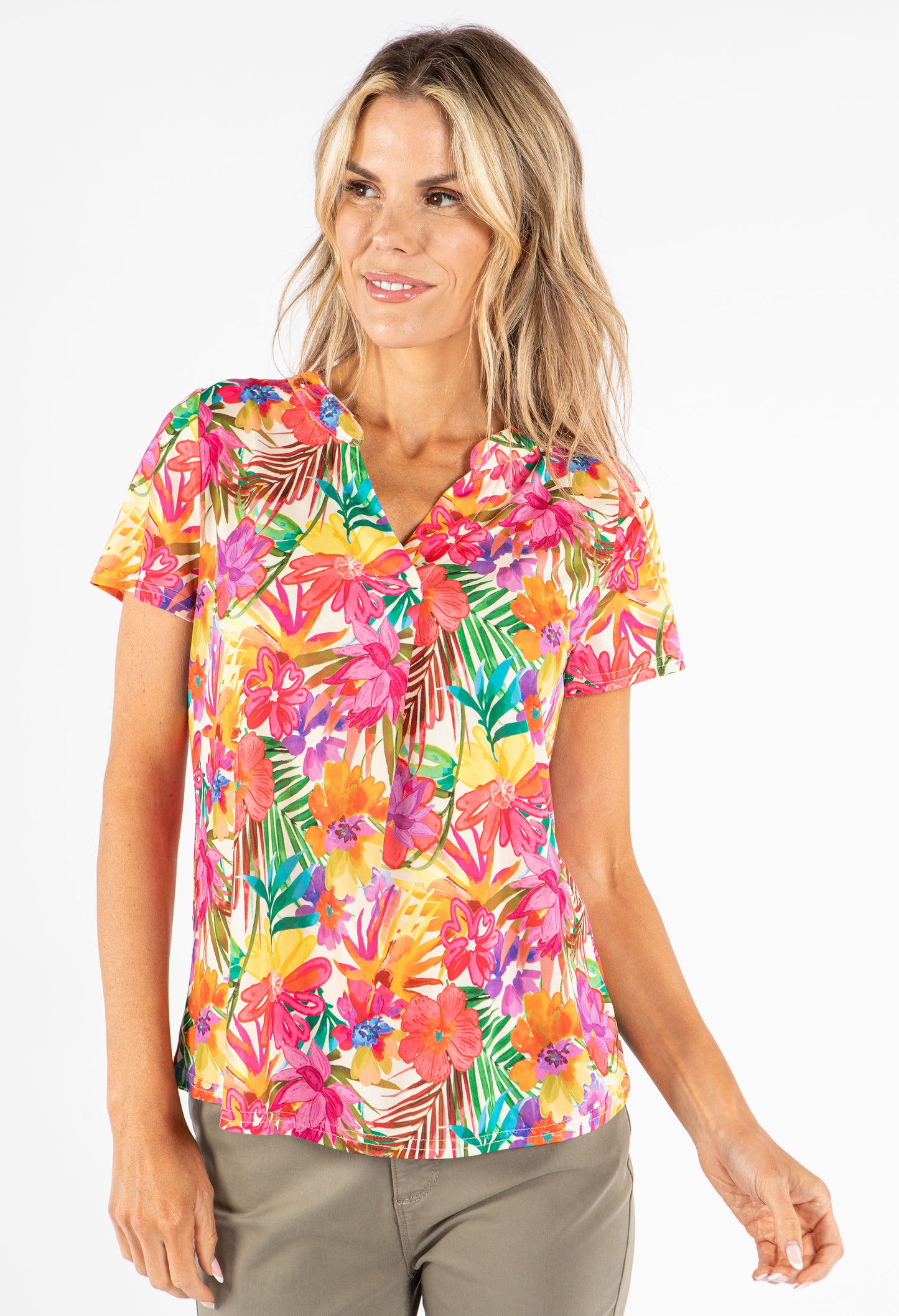 Tropical Print V-Neck Top
