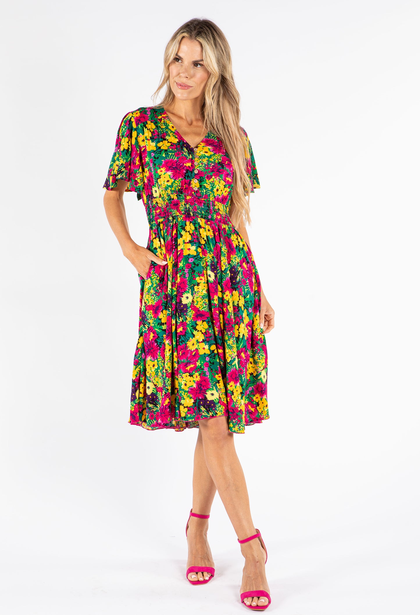 Shirred Waist Floral Dress