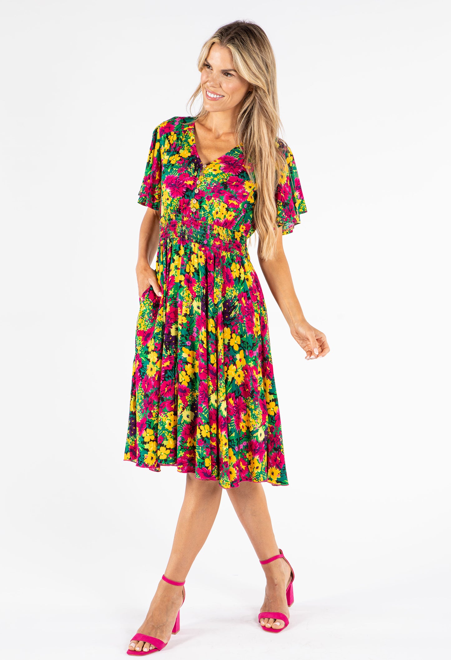 Shirred Waist Floral Dress