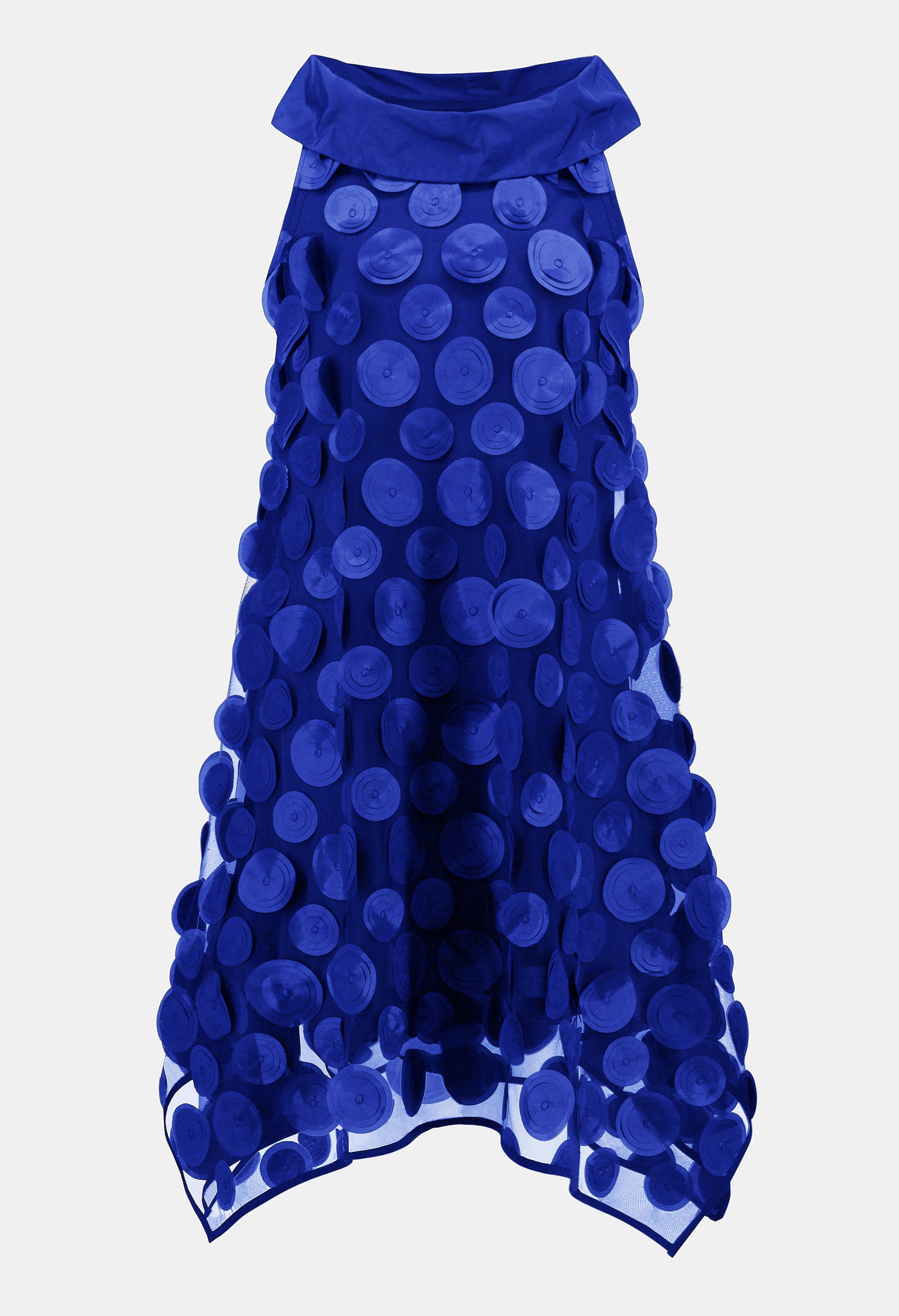 Blue dress with polka dot pattern on a light gray background