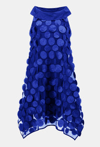 Blue dress with polka dot pattern on a light gray background