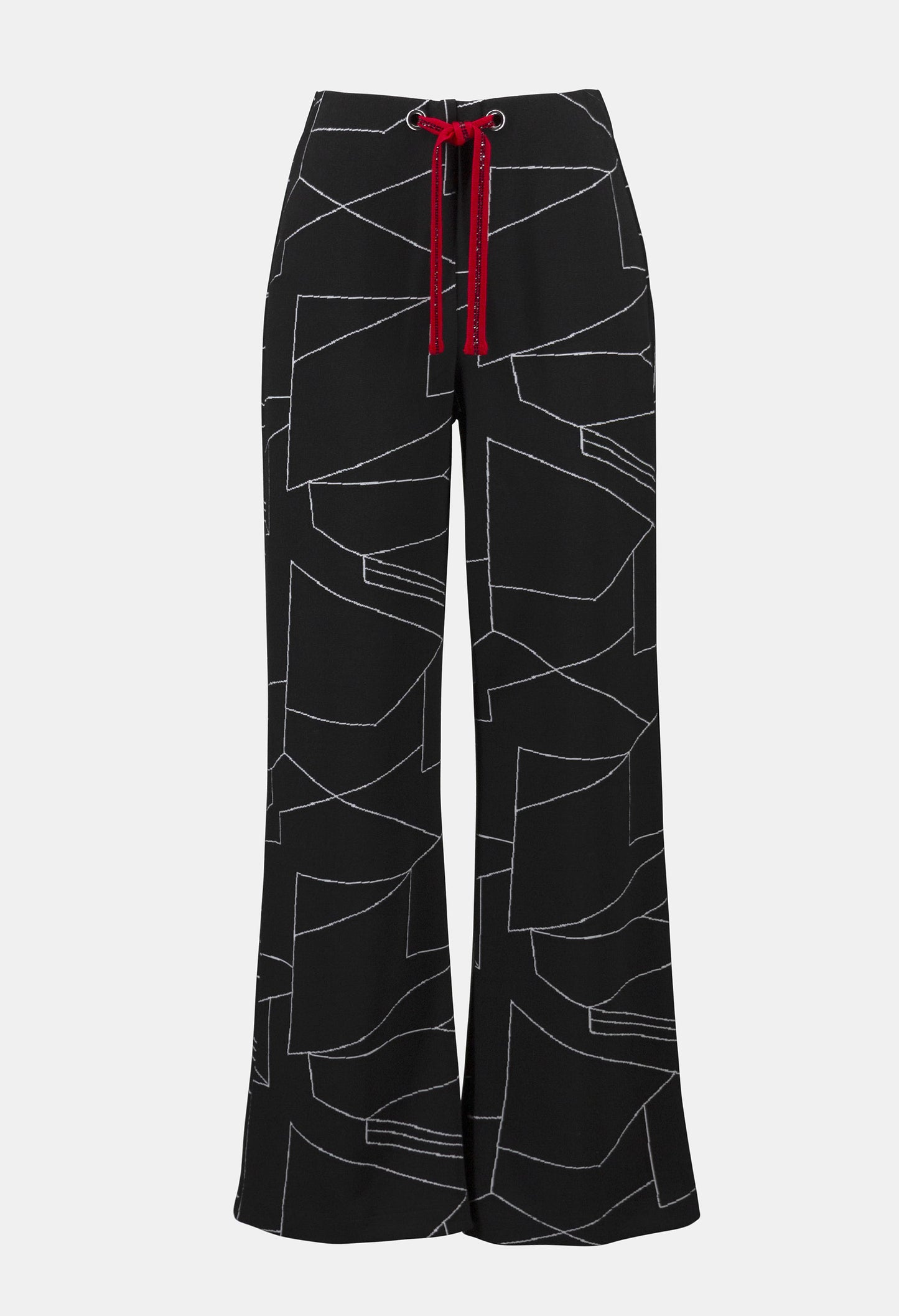 Black pants with white abstract pattern and red drawstring on a white background