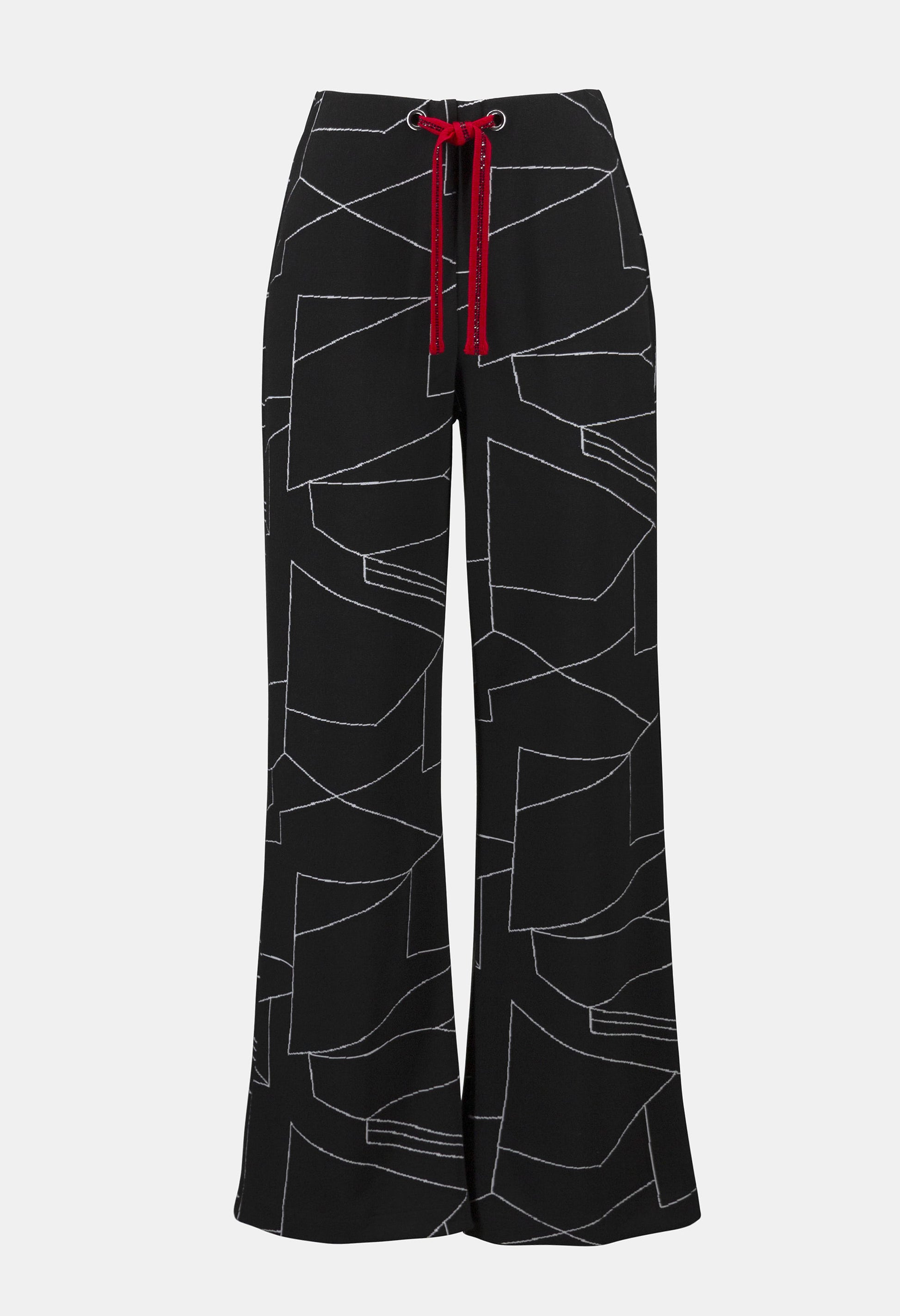 Black pants with white abstract pattern and red drawstring on a white background