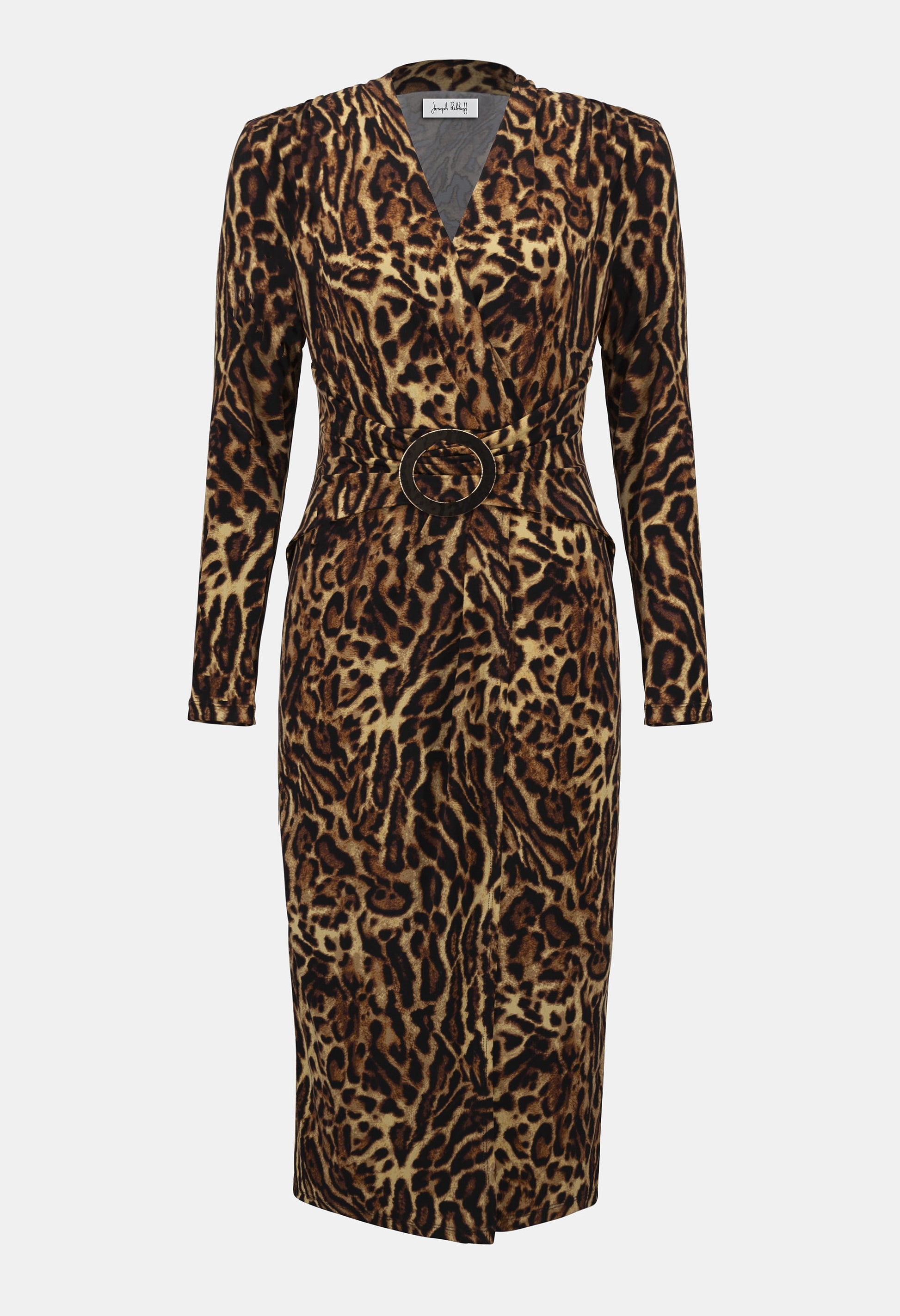 Leopard print dress with a belt on a white background