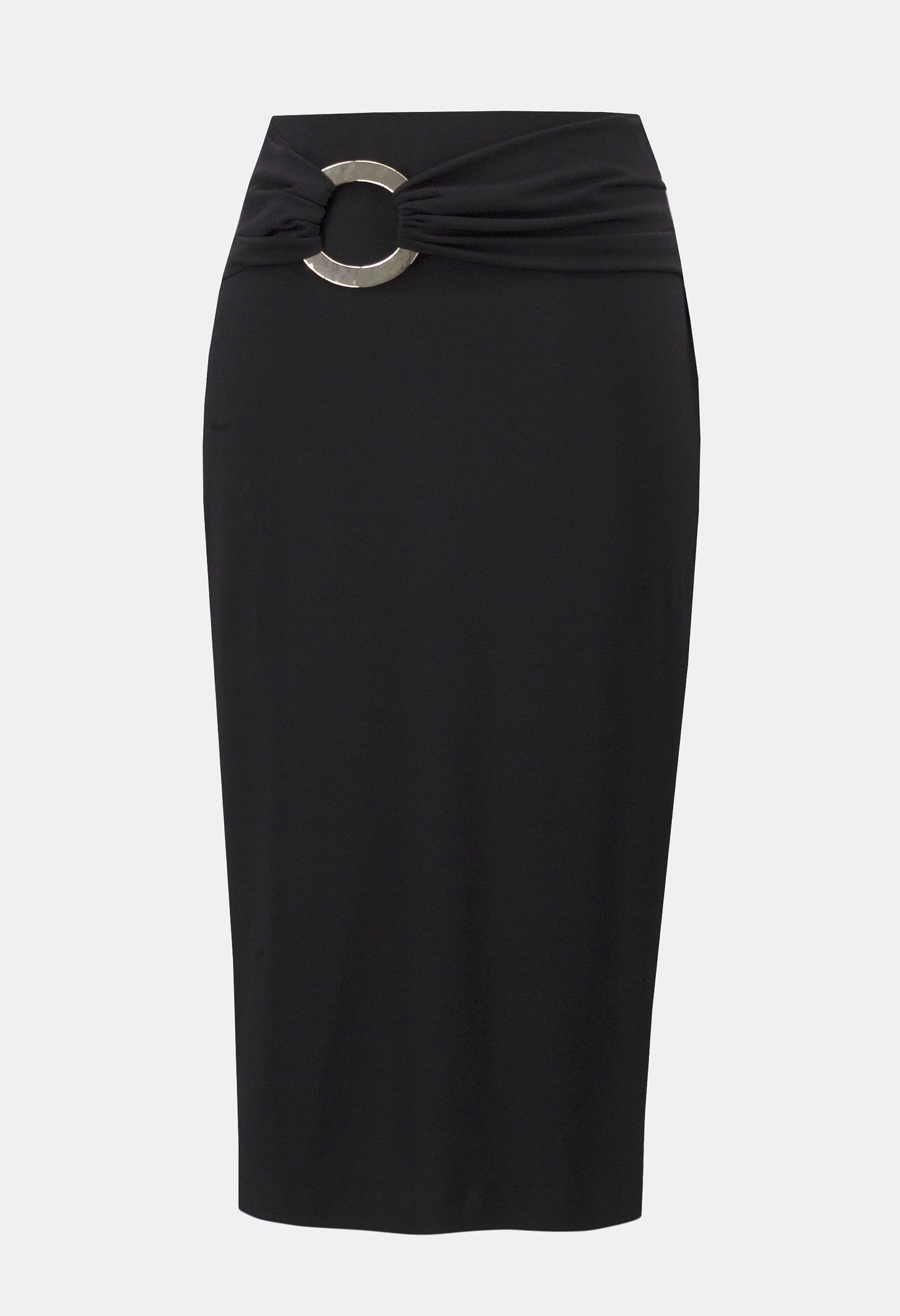 Black pencil skirt with a silver ring detail on a white background