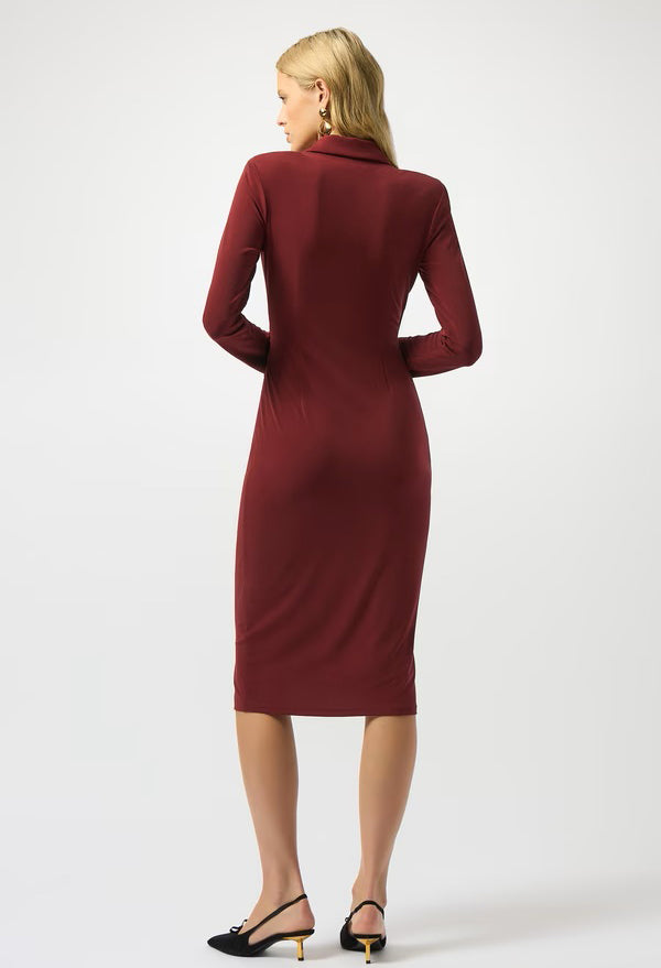 Woman wearing a burgundy dress on a white background