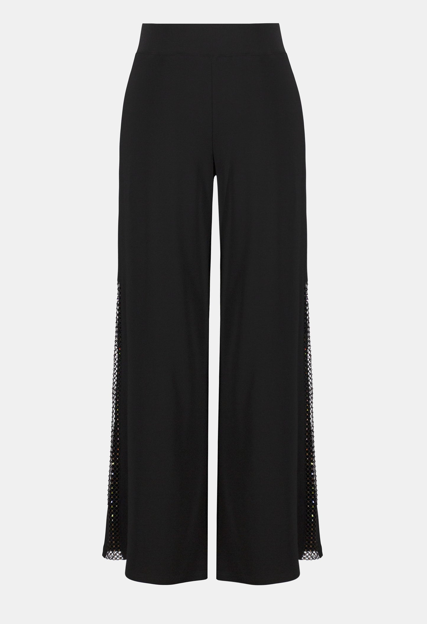 Black wide-leg pants with lace trim on a white background