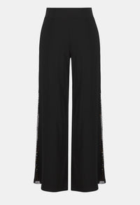 Black wide-leg pants with lace trim on a white background