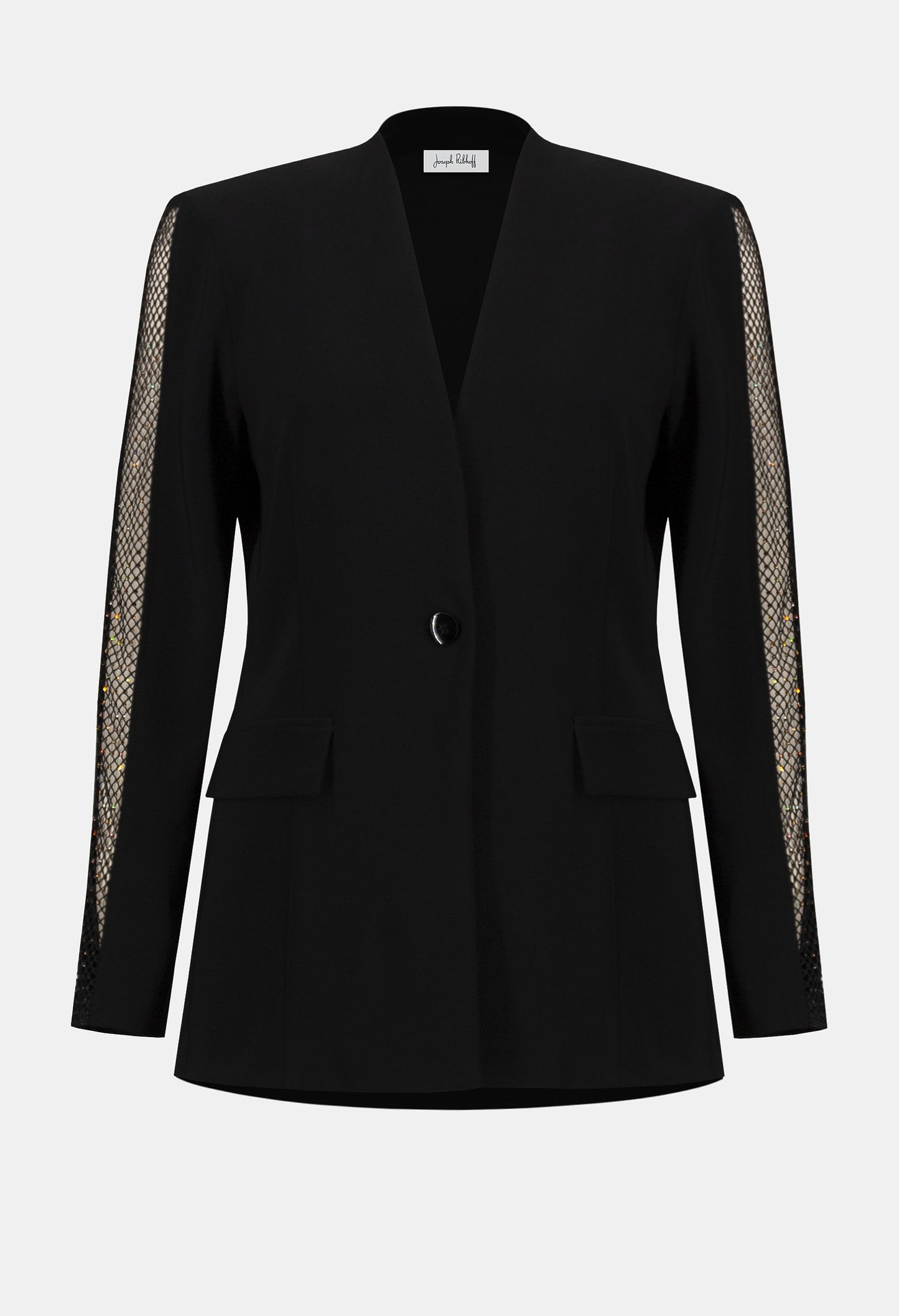 Black blazer with sheer sleeves on a light gray background