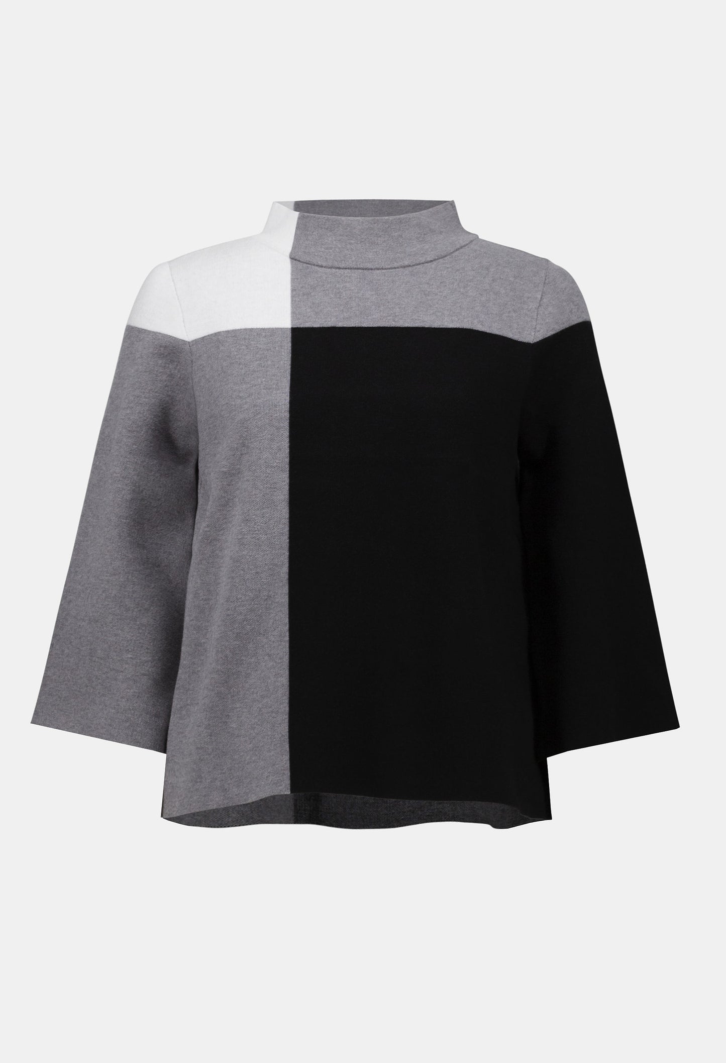 Color-blocked poncho with gray, white, and black sections on a white background