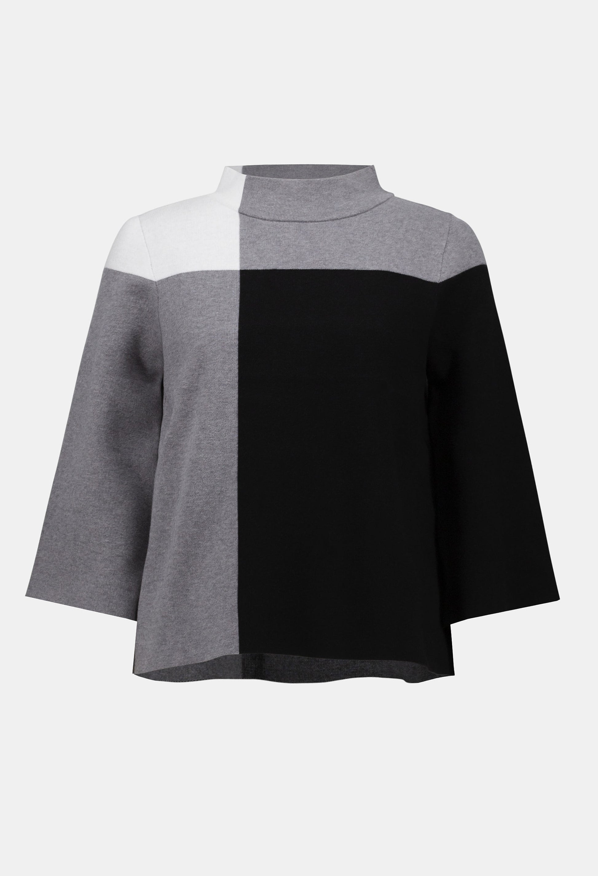 Color-blocked poncho with gray, white, and black sections on a white background