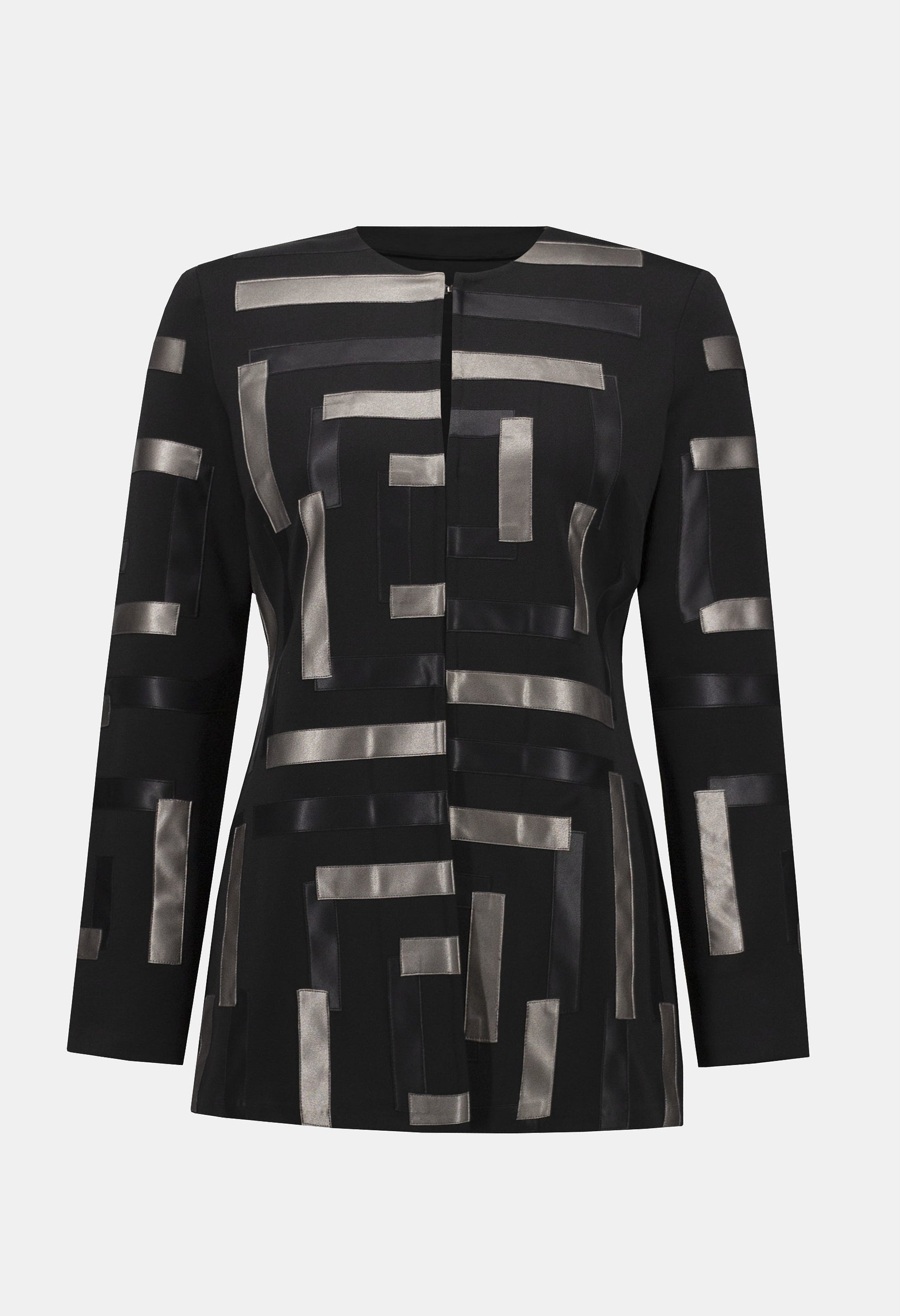 Black and silver geometric patterned dress on a white background