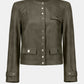 Green leather jacket with silver buttons on a white background