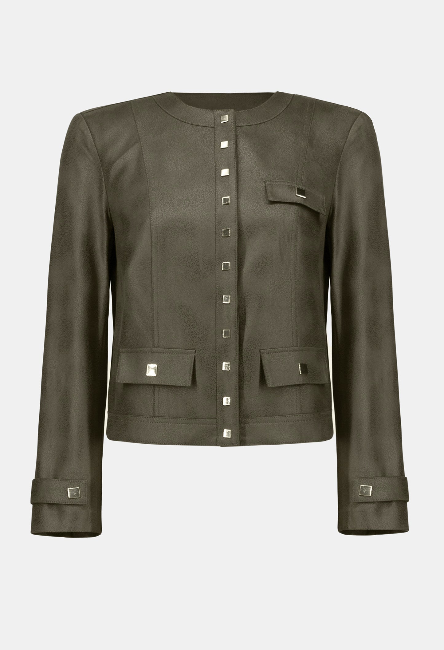Green leather jacket with silver buttons on a white background