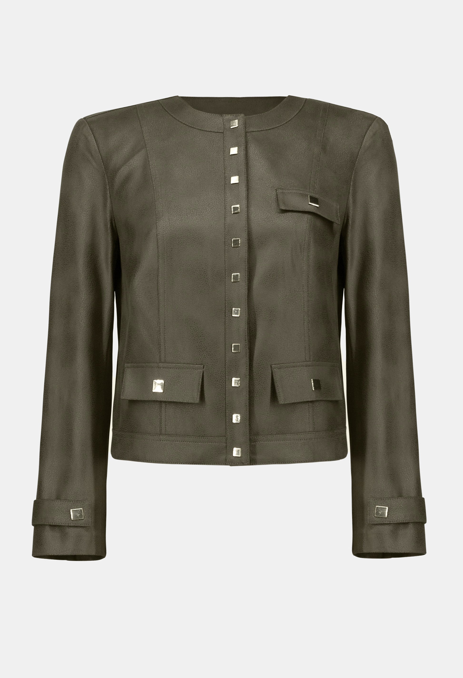 Green leather jacket with silver buttons on a white background