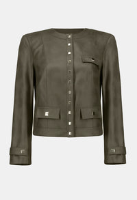 Green leather jacket with silver buttons on a white background